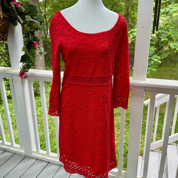 Alfani Dresses & Skirts - ALFANI solid red floral crochet lace overlay 3/4 sleeve dress-S
